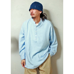 Porter Classic SUVIN GOLD GAUZE STAND COLLAR LONG SMOCK SHIRT Porter Classic Suvin Gold Gauze Stand Collar Long Smock Shirt (BLUE) [PC-056-2124]