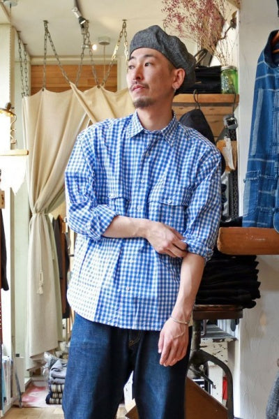 Porter Classic - ROLL UP TRICOLOR GINGHAM CHECK SHIRT ポータークラシック ロールアップ  トリコロール ギンガムチェック シャツ - BLUE [PC-016-1314]