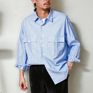 Porter Classic ROLL UP STRIPE SHIRT - LOGO WHITE - ポータークラシック ロールアップシャツ ロゴホワイト（BLUE）[PC-016-2229]